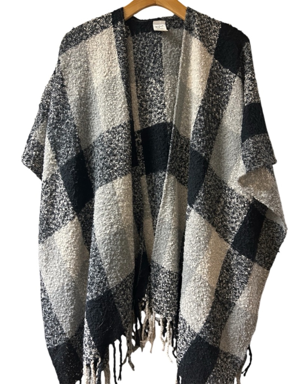 Woolrich Cozy Black & Gray Buffalo Plaid Fringe Poncho